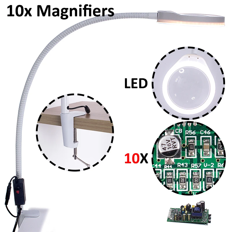 3X 5X 8X 10X увеличительное стекло Часовщик гибкое настольное Большое стекло es Лупа с подсветкой для чтения паяльная