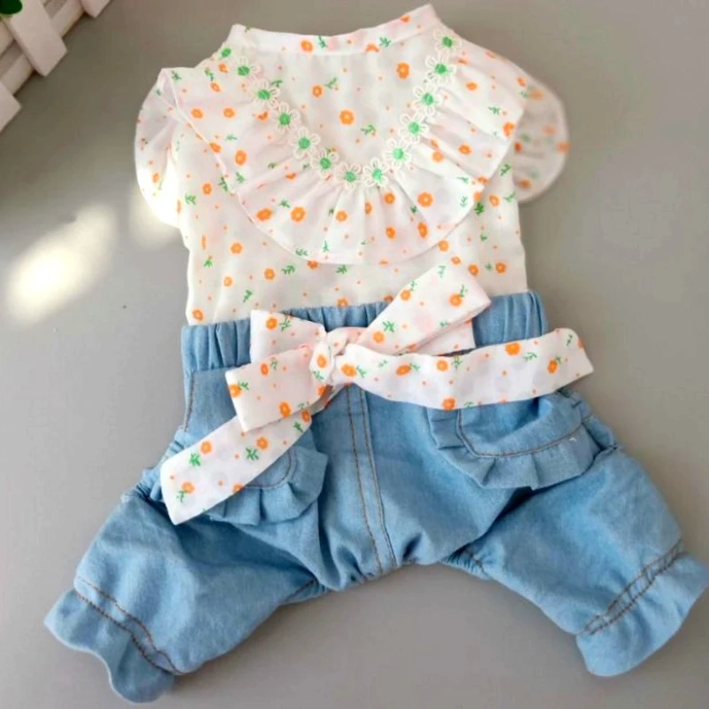 Cute Floral Dog Clothes Denim Jumpsuit Overalls Puppy Small Costumes Outfit Yorkshire Pomeranian Poodle Schnauzer Clothing | Дом и сад
