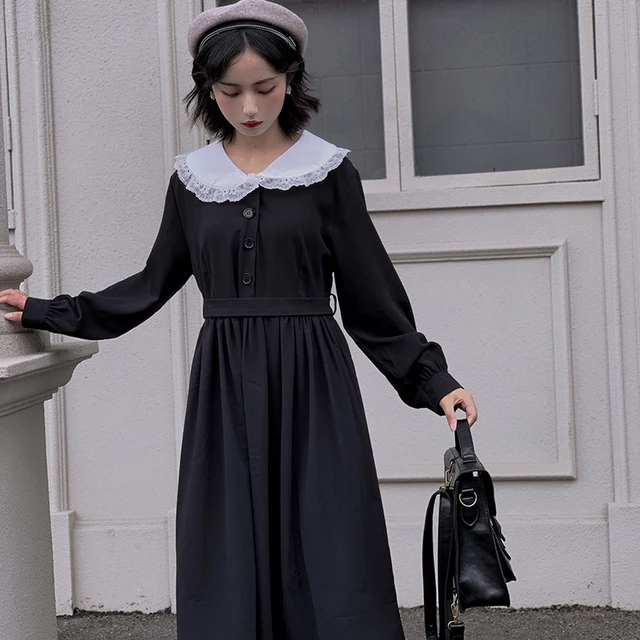 Dress Women Dark Fashion Preppy Style Long Sleeve Lolita Dresses Japanese Sweet Peter Pan Collar Long Ladies Elegant Dresses 4