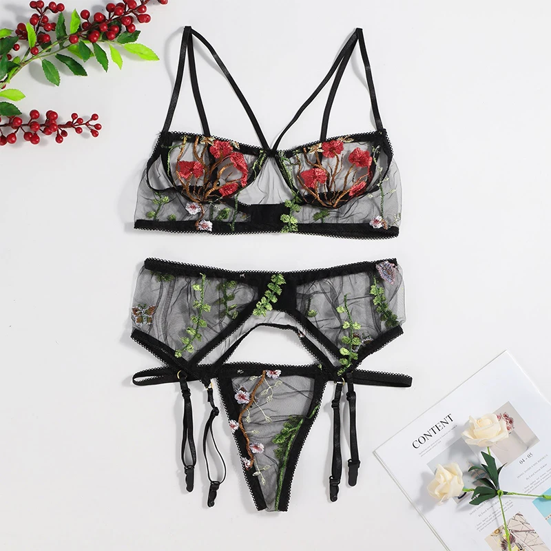 sexy bra and panty See Through Lace Floral Embroidery Sexy Lingerie Set Women Thin Transparent Push Up Bra + Garters + Thong 3 Pieces Underwear Set bra and underwear set