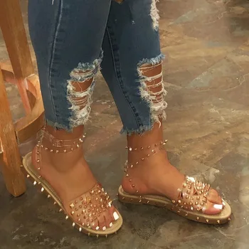 

Oeak Women Summer Sandals Flat Heel Rivet Platform Peep Toe Ankle Buckle Fashion Punk Beach Ladies Shoes Zapatos De Mujer