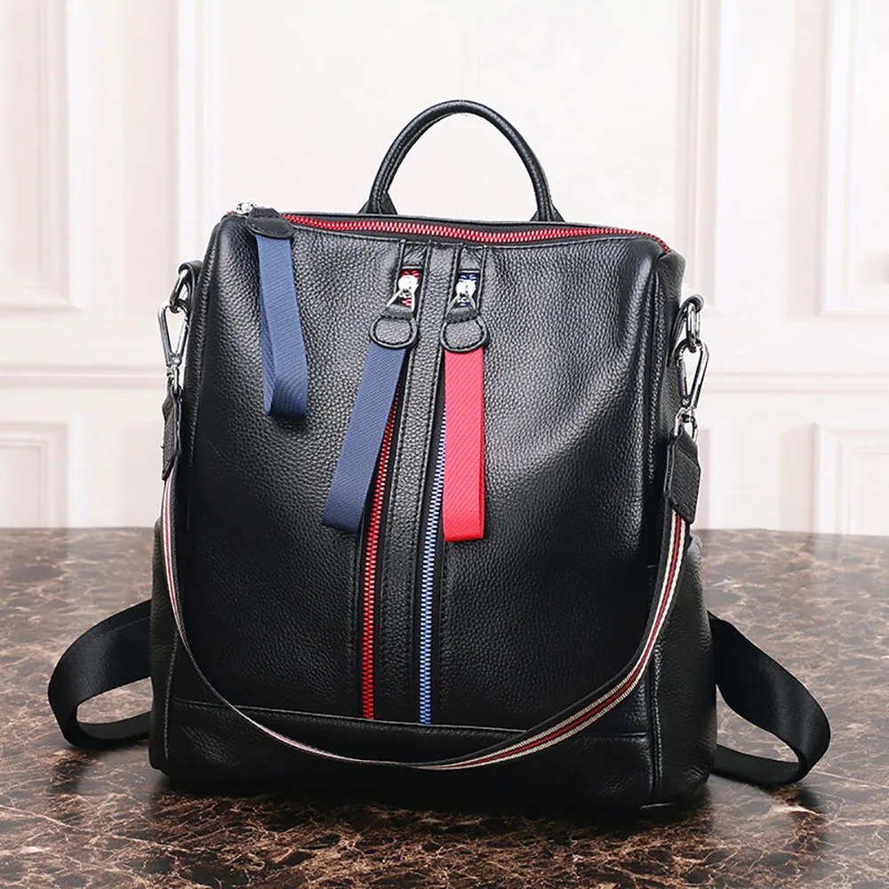 

WOMEN'S Leather Bags 2019 New Style Korean-style Fashion Full-grain Leather Women's Backpack Simple Contrast Color Double Pull B