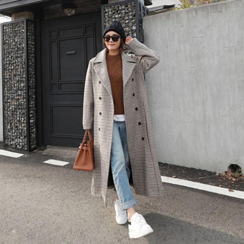 SHENGPALAE New Fashion Winter Woolen Coat Women Long Double Dreasted Plaid Casual Tide Suit Collar Overcoat Female A217