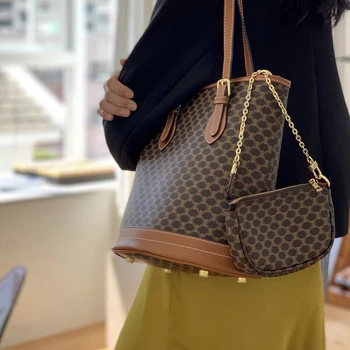 

2019 Ladies Bag Luxury Design Handbags Retro Brown Fashion Geometric Pattern Large Capacity One Shoulder Portable Bucket Bag