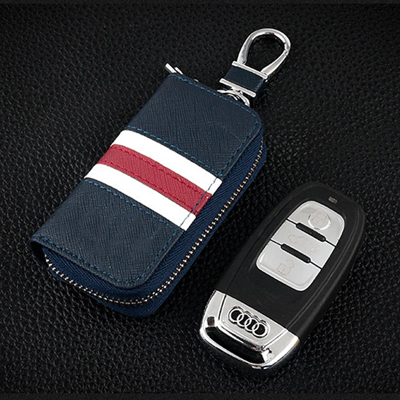 Fashion Colorful Stripes Leather Key Bag Universal Key Case for Car Keychain Men Women Wallet Mini Zipper Purse Holder Key Case