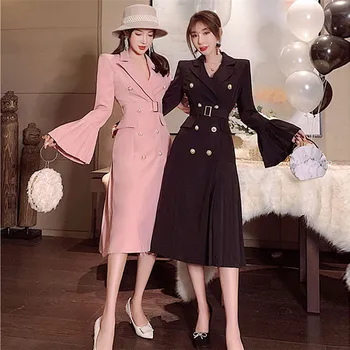 

Fall Winter Dress Korea Fashion Women 2019 Solid Color Notched flare Sleeve draped Double Breasted Pearls Elegently Blazer Dress