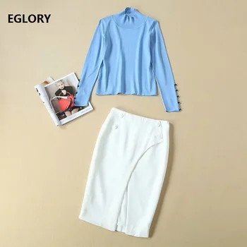 

Elegant Work Suit 2019 Autumn Skirt Set Ladies Blue Pullovers+Split Sexy White Pencil Skirt Women Casual Two Piece Sweater Set