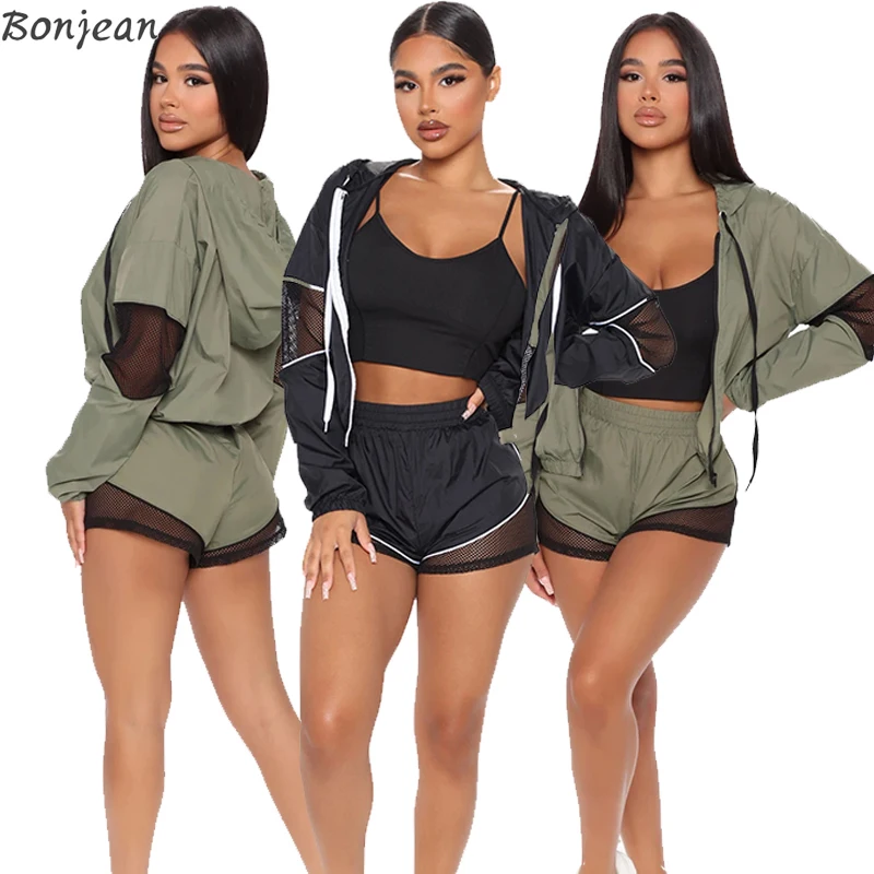 

Plus Size Women 3 Piece Set Zipper Hooded Sweatsuit Jackets Camisole Shorts Matching Sets Tracksuit Sports Wear Three Piece Suit