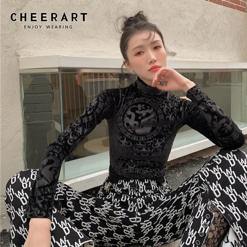 CHEERART Dragon Print Asymmetrical Velvet Crop Top Long Sleeve T Shirt Turtleneck Women Bodycon Tee Shirts Fashion Ladies Top