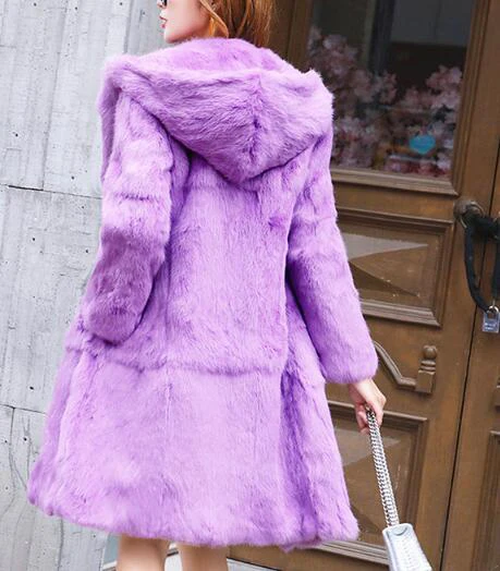 Женское зимнее длинное пальто с капюшоном, пальто из натурального меха кролика, куртка большого размера плюс, теплое пальто tsr681 - Цвет: Фиолетовый