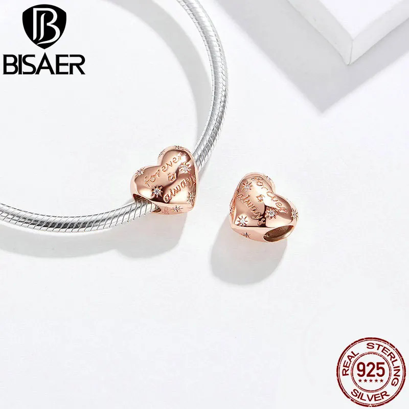 BISAER Genuine 925 Sterling Silver Heart Shape Beads Charms Fit For Women Bracelets Rose Gold Color Jewelry Making HSC1223