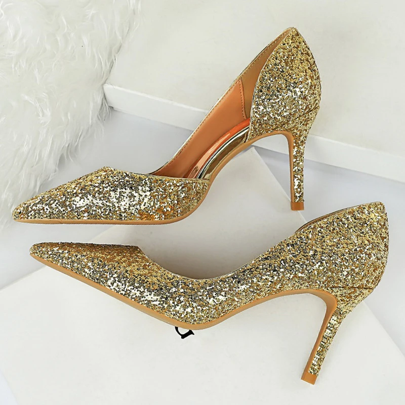 Women High Heels Glitter Low Heels Sequins Sparkly Office Hollow Pumps Lady Bridal Scarpins Gold Shoes|High Heels| - AliExpress