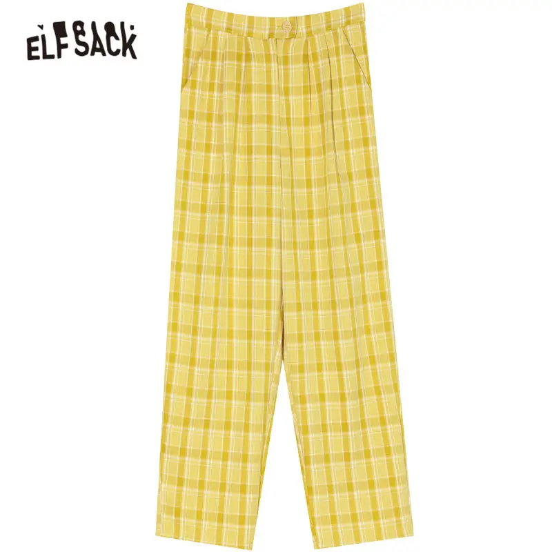 ELFSACK, желтые, с высокой талией, широкие, повседневные, клетчатые штаны для женщин, осень, корейская мода, прямые, для девушек - Цвет: Yellow