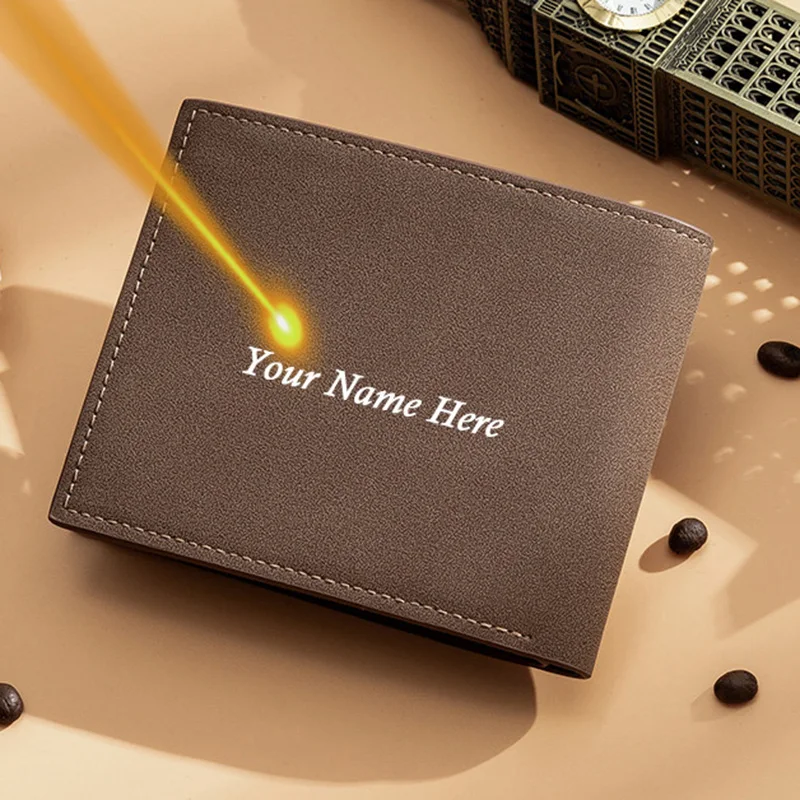 2022 New Custom Engraved Name Text Men Wallets Small Short Money Purses Thin Bifold Wallet Personalized Gift for Him Husband Dad