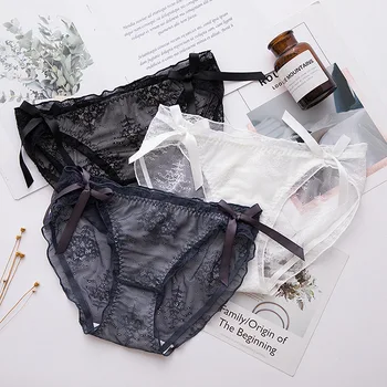 

Lace Sexy Women Underwear 2019 Autumn New Bow Solid Color Ruffles Embroidry Traceless Mid Waist Antibacterial Breathable Panties
