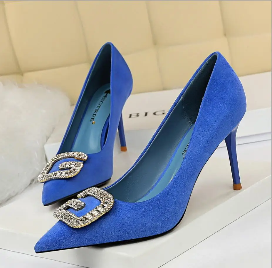 blue CHAISHOU/женские модные туфли-лодочки на высоком тонком каблуке 10 см размера плюс 43, шелковые туфли с острым носком, зеленые стразы, F-171 - Цвет: blue