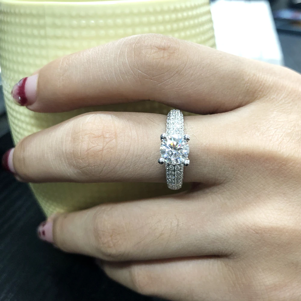 Anillo de compromiso de moissanita DF para mujer, sortija de aniversario, oro blanco de 14K, 3CT, 2CT, 1Ct, corte redondo|Anillos| AliExpress