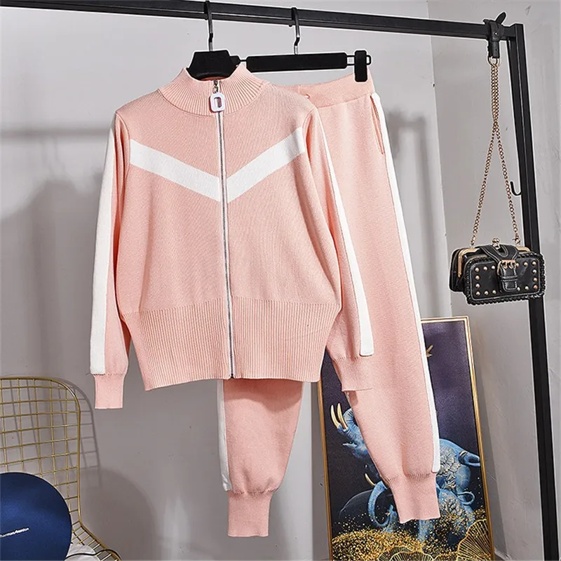 

Fashion Baseball Knitted Tracksuit Women Two Piece Outfits Sports Cardigan Sweater Long Pants Set Female Casual Loose Knit 2pcs