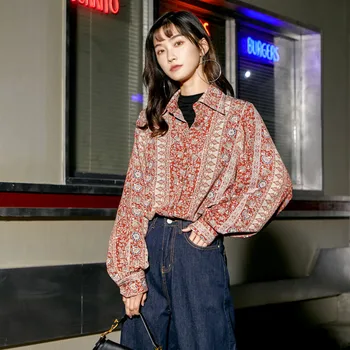 

iMucci 2020 New Spring Korean Fashion Blouese Turn-down Collar Vintage Printing Long Sleeves Summer Women Shirt Tide TM1326