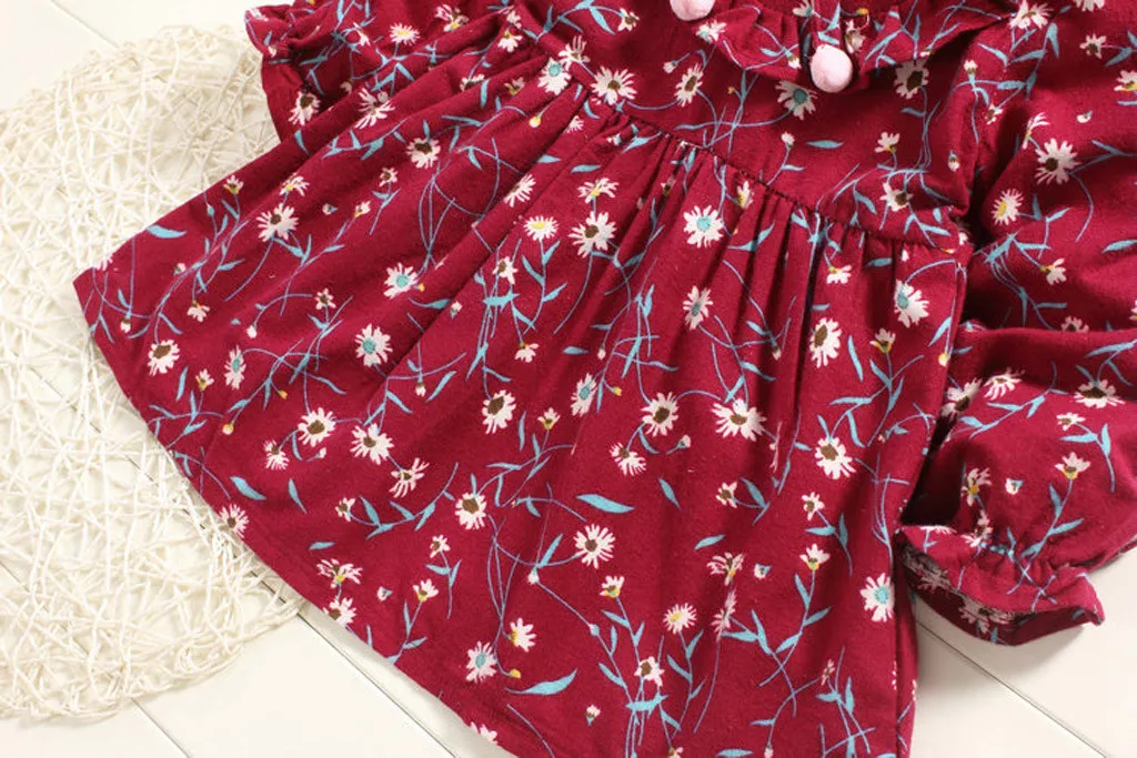 Осень Красивое платье для маленьких девочек с рюшами; с воротником в кукольном стиле с цветочным принтом и бантом с мини-юбкой и длинным рукавом платье Повседневная одежда vestido bebe فساتين اطفال Z4