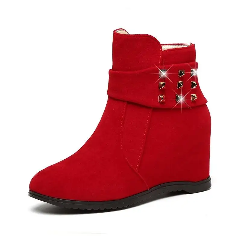 Botas de cuña de suela plana para mujer, calzado de ante con plataforma elevada de ocio, botines cálidos de tacón alto para invierno