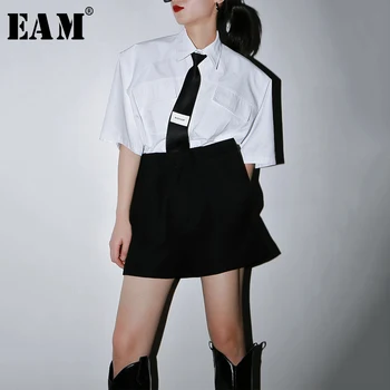

[EAM] Women White Pocket Stitch Brief Big Size Blouse New Lapel Half Sleeve Loose Fit Shirt Fashion Spring Summer 2020 1U378