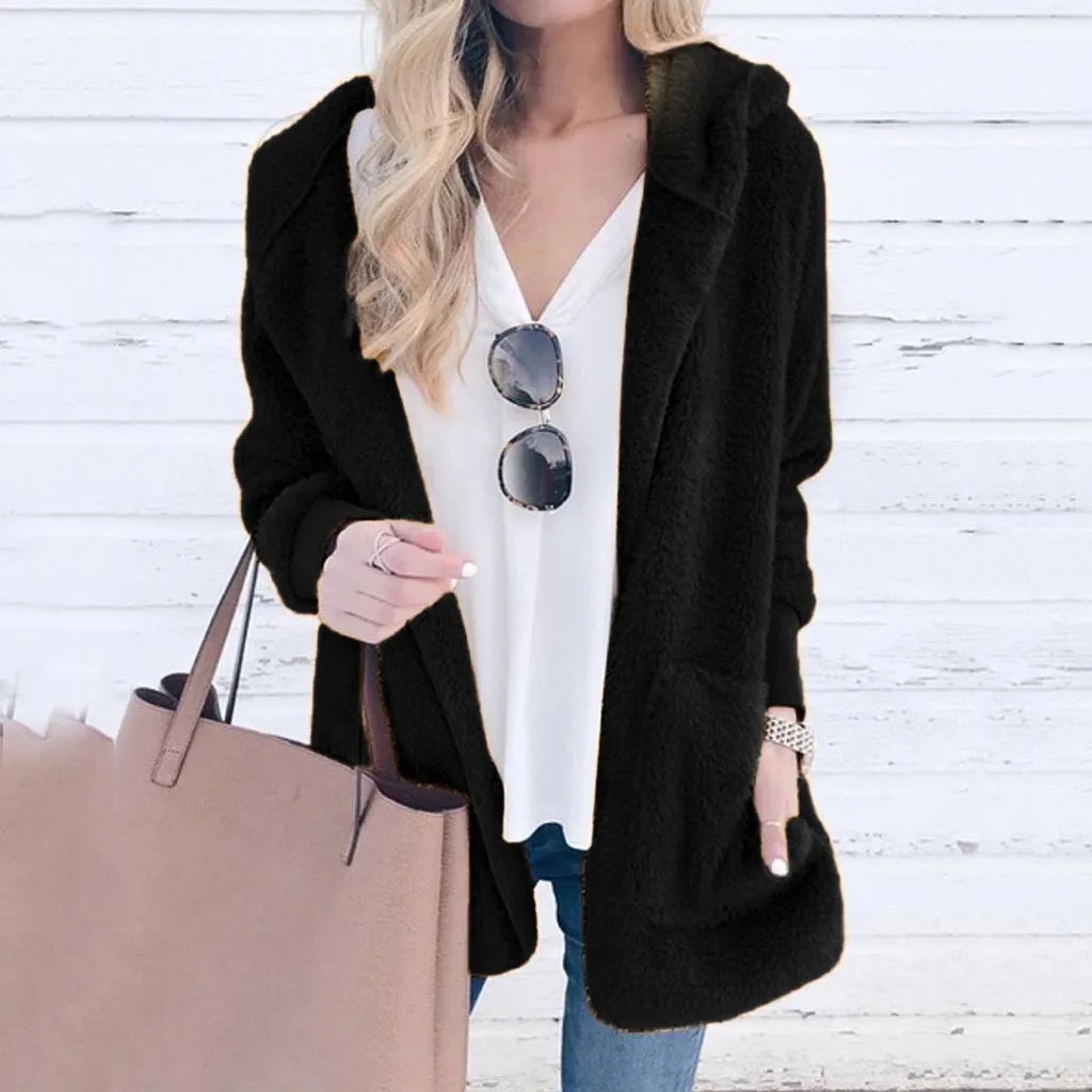 

winter jacket women Autumn And Winter New Solid Color Plush Hooded Fashion Cardigan Coat Female manteau femme hiver