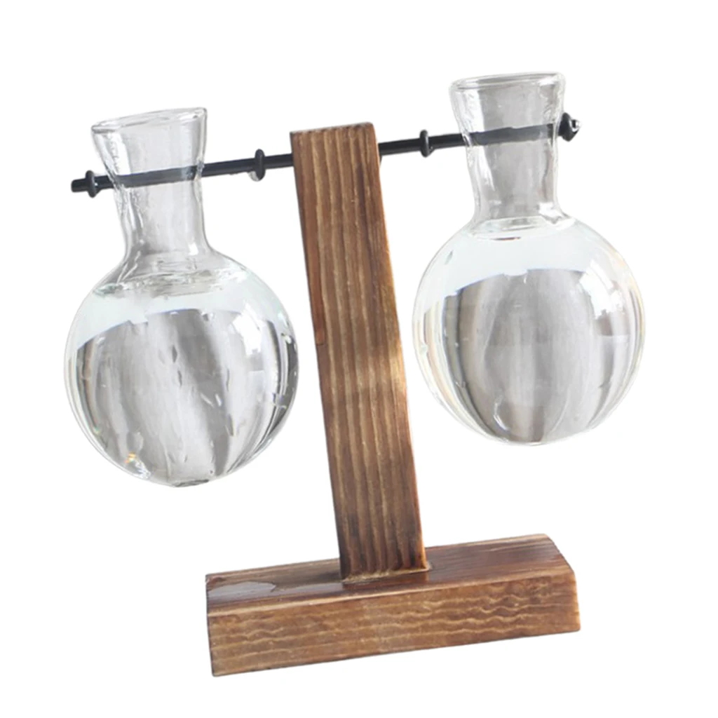 Retro Glass Flowerpot, Clear Glass Bulb Hydroponic Vase with Vintage Wooden Stand for Office Desktop Decoration