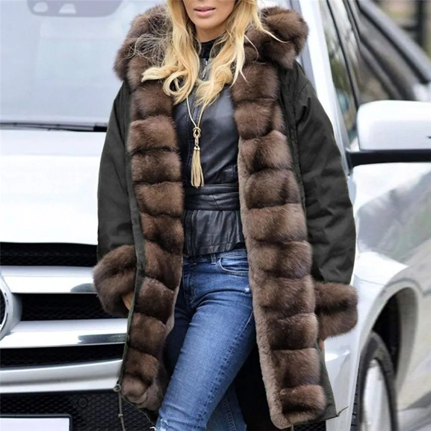 Womens Faux Fur Winter Jacket Parka Hooded Coat Fishtail Long Sleeves Overcoat Cotton Fleece Female Parkas Plus Size M-3XL