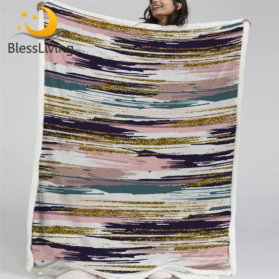 

BlessLiving Colorful Pink Blanket Striped Sherpa Blanket Bright Boho Plush Bedspread Soft Vibrant Cobertor Geometric Bedding