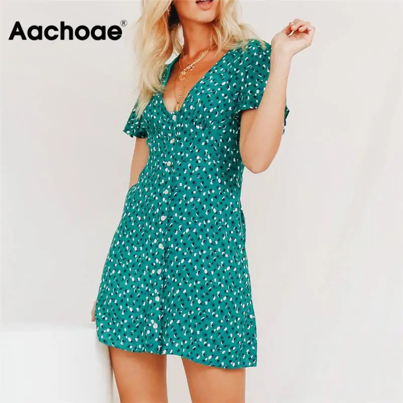 Aachoae Women Dress Summer 2020 Sexy Bohemian Floral Print Party Dress Deep V Neck Mini Beach Dress Sundress Vestidos De Verano Aachoae Women Dress Summer 2020 Sexy Bohemian Floral Print Party Dress Deep V Neck Mini Beach Dress Sundress Vestidos De Verano