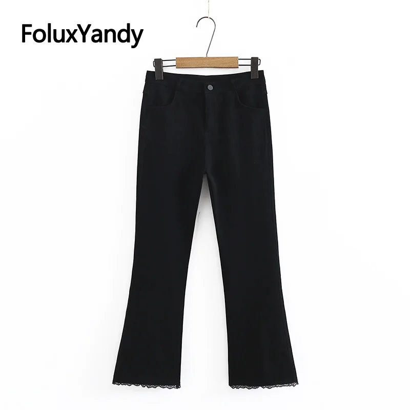 

Lace Women's Flares Pants Black Trousers Plus Size Slim Ankle-length Office Lady Pants KKFY5023