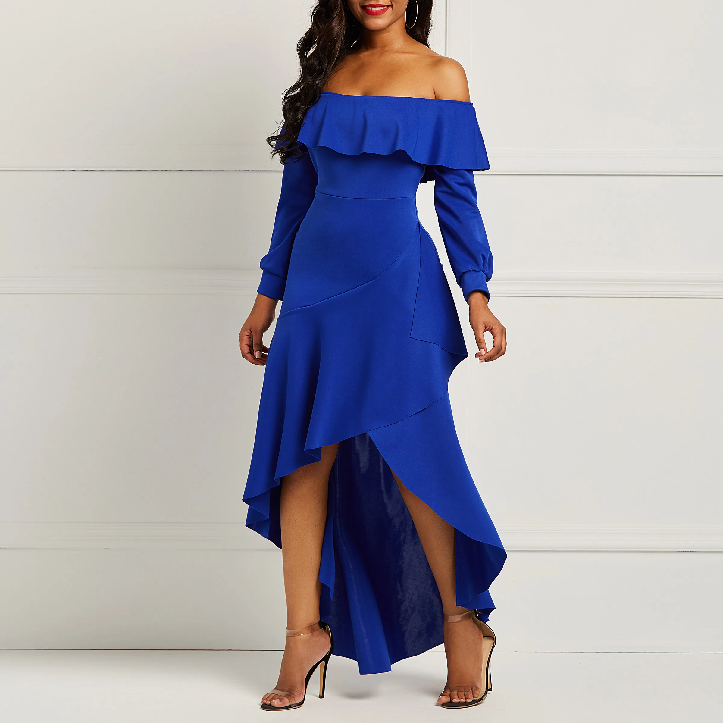 

Off Shoulder Red Sexy Long Tail Dresses Women Prom Dress Ruffle Asymmetric Ladies Party Evening Elegant Blue Backless Maxi Dress