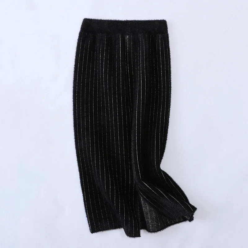 

Women's Split Skirt Striped Autumn Winter Thick Fake Fur Soft Large size Knit Skirts Woman Faldas Female High Quality LS139
