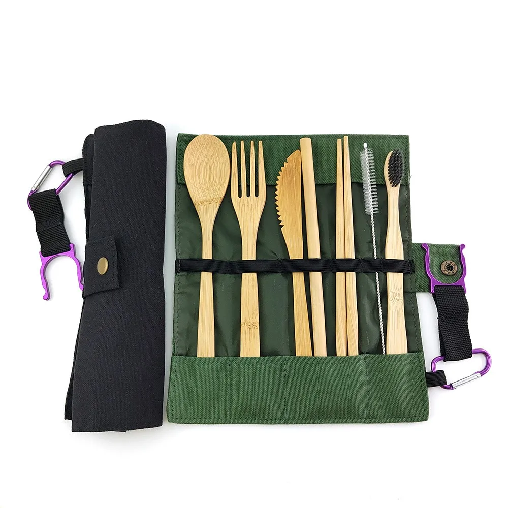 

Hot 7pcs Eco Friendly Bamboo Cutlery Set environmentally Outdoor Portable Flatware Set Knife Fork Spoon Wooden Tableware Set