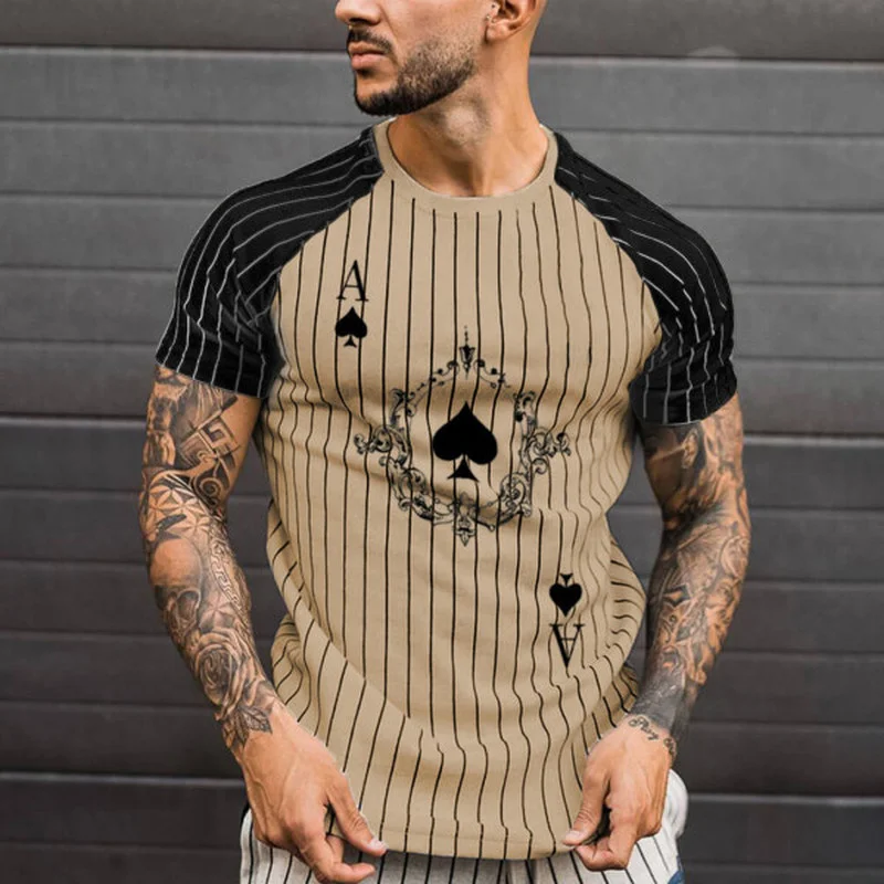 Men's T-Shirt Striped T-Shirt Round Neck Shirt Fashion Poker Print Short Sleeve T-shirt Top Summer Men's Clothing Street Wear 4