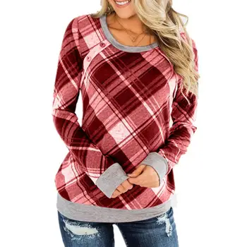 

Casual Women Autumn Winter Plaid O Neck Long Sleeve Stitching Hem Cuff Blouse O Neck Long Sleeve Stitching Hem Cuff Blouse