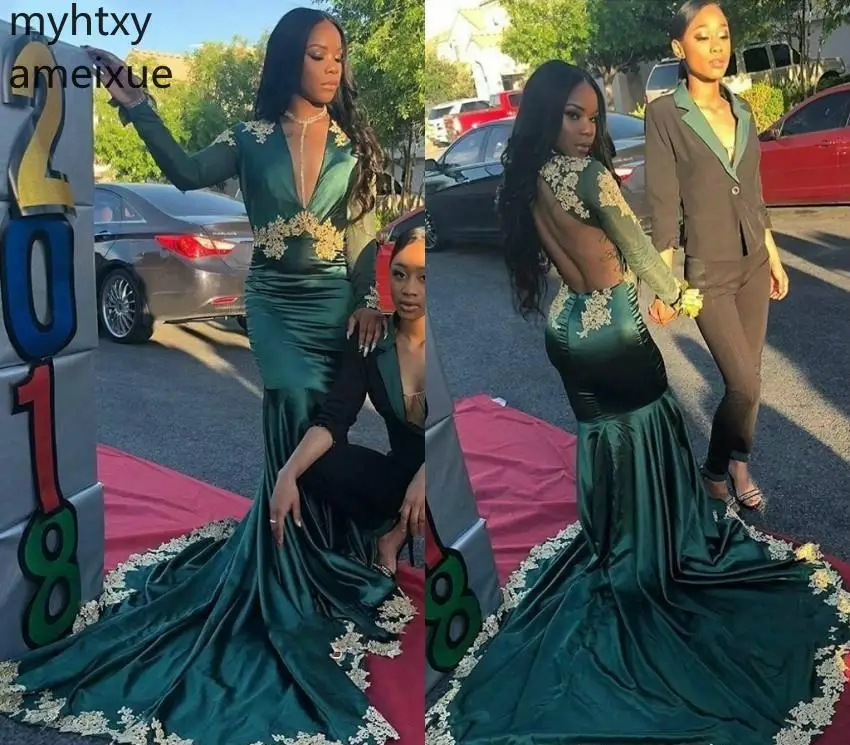 

2019 Dark Green Sexy Long Sleeves Prom Dresses South African Black Girls Deep V Neck Evening Party Custom Gowns Plus Size Prom