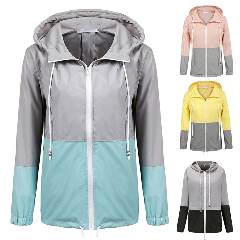 

Women Pure Color Hooded Jackets Coat Sports Slim Outfit Long Sleeve Outwear Stitching Windbreaker Running Jacket Light Weight