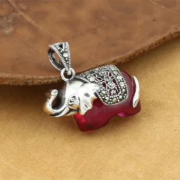 

925 Sterling Silver Jewelry Retro Thai Silver Men And Women Popular Marcasite Red Corundum Small Elephant Pendant Accessories