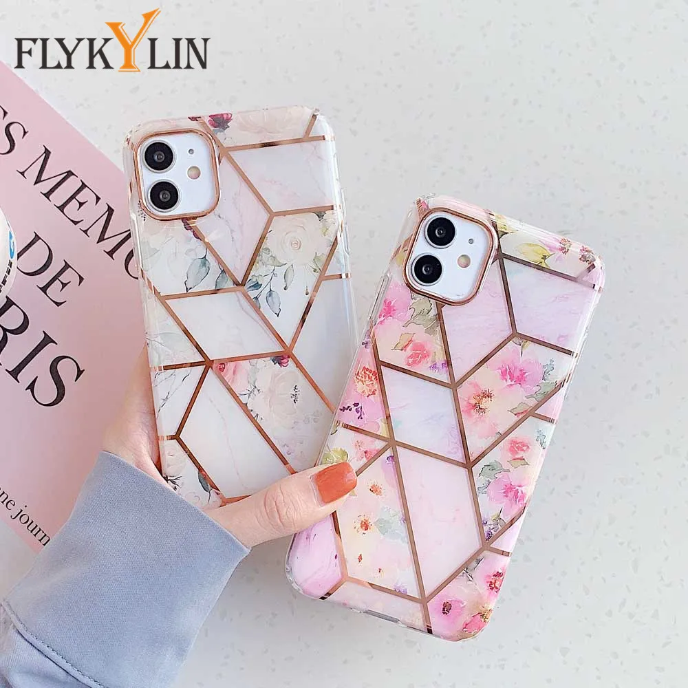 Чехол FLYKYLIN с бронзовыми геометрическими мраморными цветами для iphone SE 2020 11 Pro Max X XS