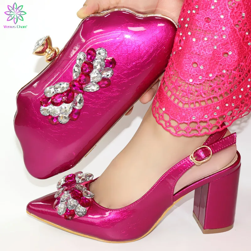 

New Italian Matching Shoe and Bag Set Rose Pink Color Heels Decorated with Rhinestone Women Pumps African Wedding Shoes and Bags