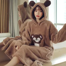 Милая Ночная рубашка женская зимняя фланелевая Корейская Пижама с капюшоном Женская Осенняя зимняя Коралловая флисовая женская длинная Пижама