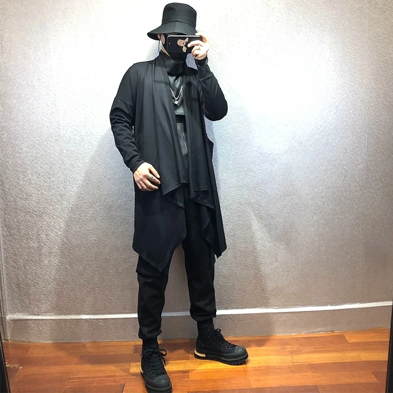 Men's autumn/winter 2021 new dark irregular hem design slim medium and long oversize coat go with trench coat 2021 deep brown herringbone tweed long coat custom dark brown medium long jacket mid length coats mid length casual winter coat