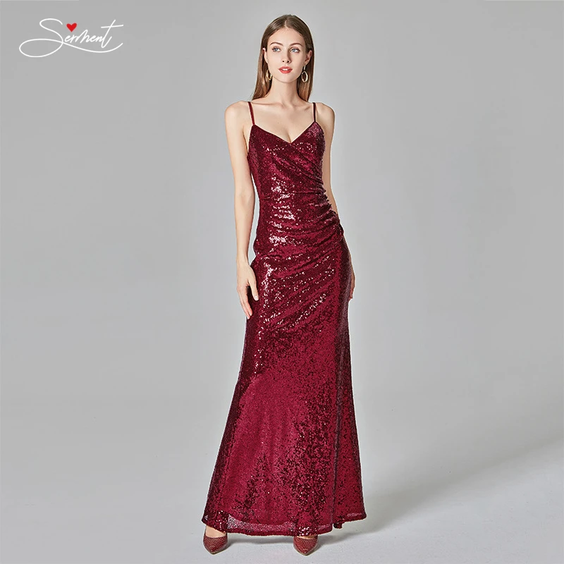 

OllyMurs New Spot Smooth Sequins V-neck Simple Gradient Burgundy Red Mermaid Evening Dresss Sexy Backless