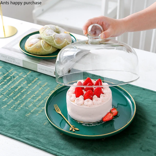 Green Ceramic Cake Pan Glass Cover Round Fruit Plate Cake Stand Snack  Dessert Plate Decorative Display Tray Transparent Cover - AliExpress