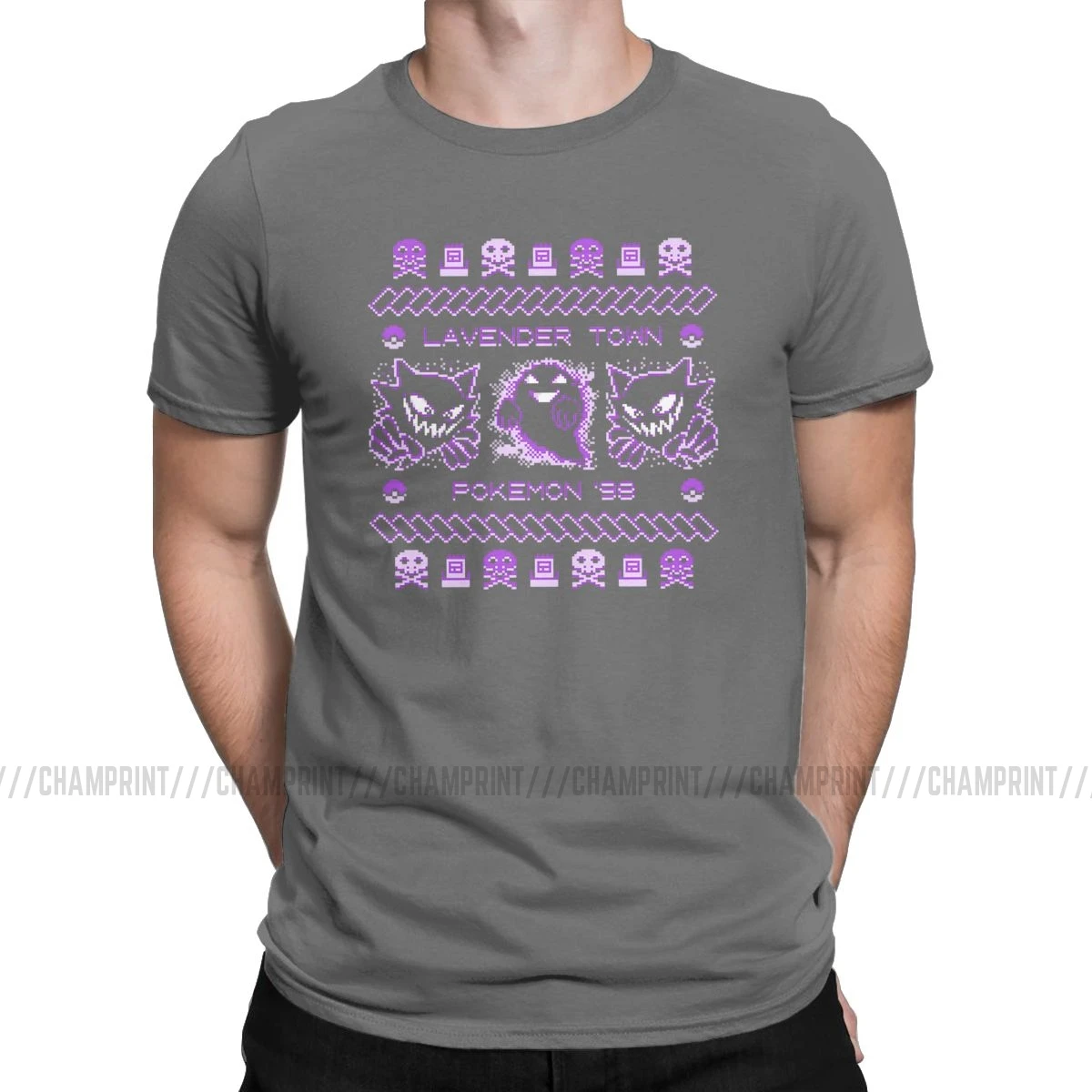 Awesome Lavender Town футболки с рождественским узором для мужчин футболка с круглым вырезом Gengar Ghost Kaiju японского стиля футболки с покемонами топы для взрослых - Цвет: Темно-серый