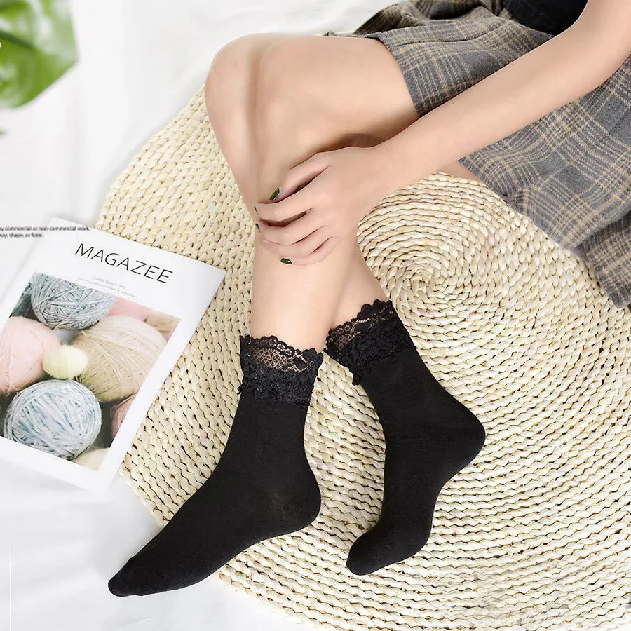 Женские однотонные хлопковые носки для девочек, кружевные носки с манжетами, короткие носки, женские носки длиной до лодыжки, Осенние белые черные длинные носки, 5 пар/лот