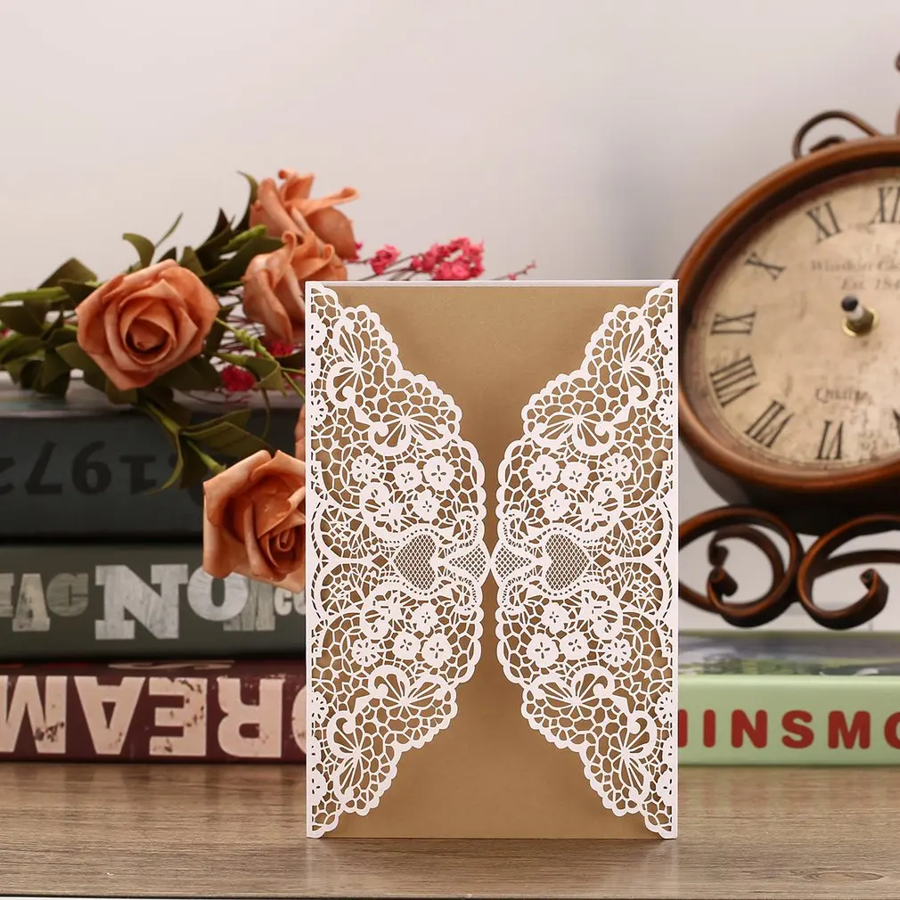  10 pcs Foldable Invitation Card Cover Exquisite Hollow Out Bride Groom Printing Cover for Wedding P - 4000315219847