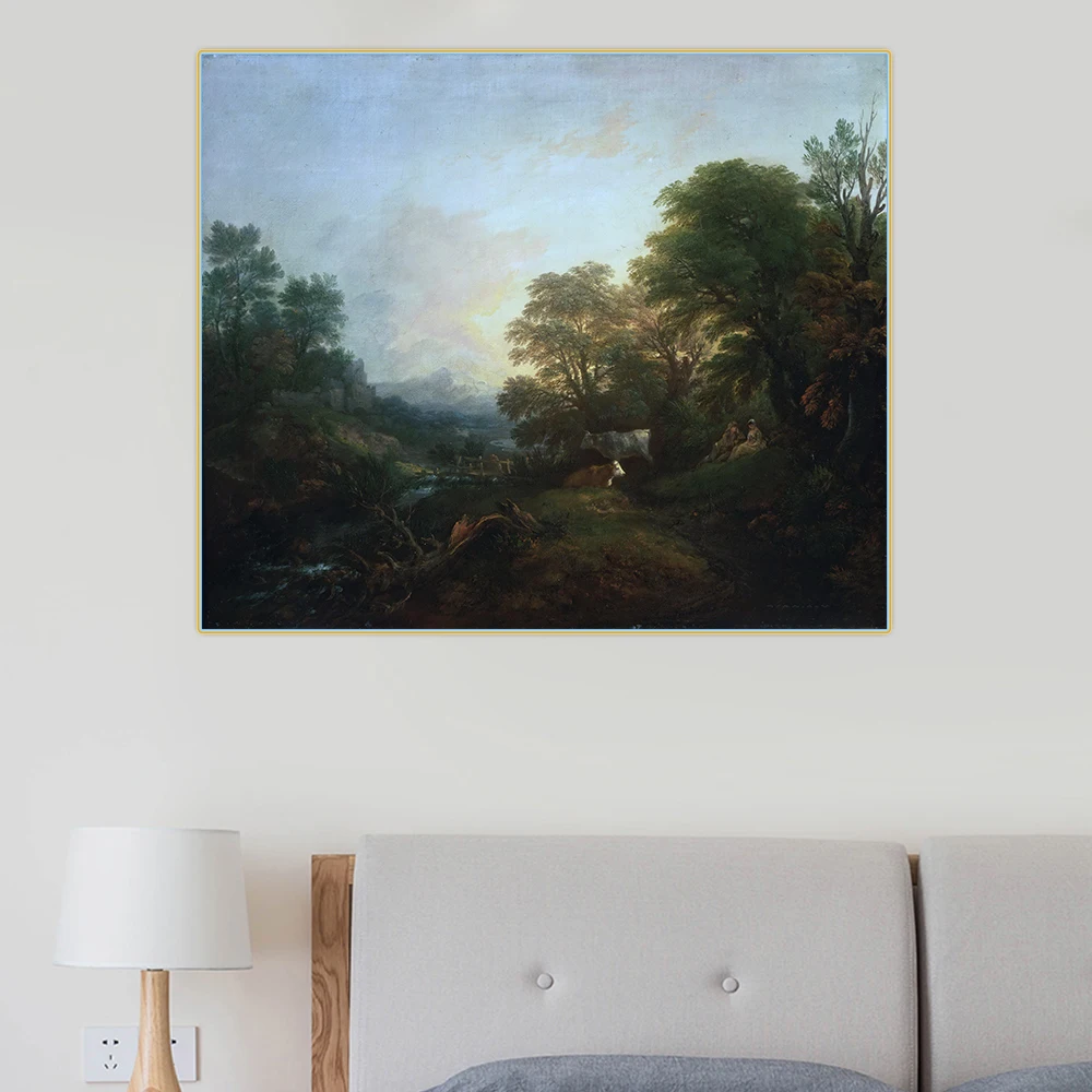 Citon Thomas Gainsborough 《 Paesaggio Con Gli Amanti Rustici Due Mucche E Un Uomo Su Un Lontano Ponte 》 Olio Della Tela Di Canapa Pittura Della Decora